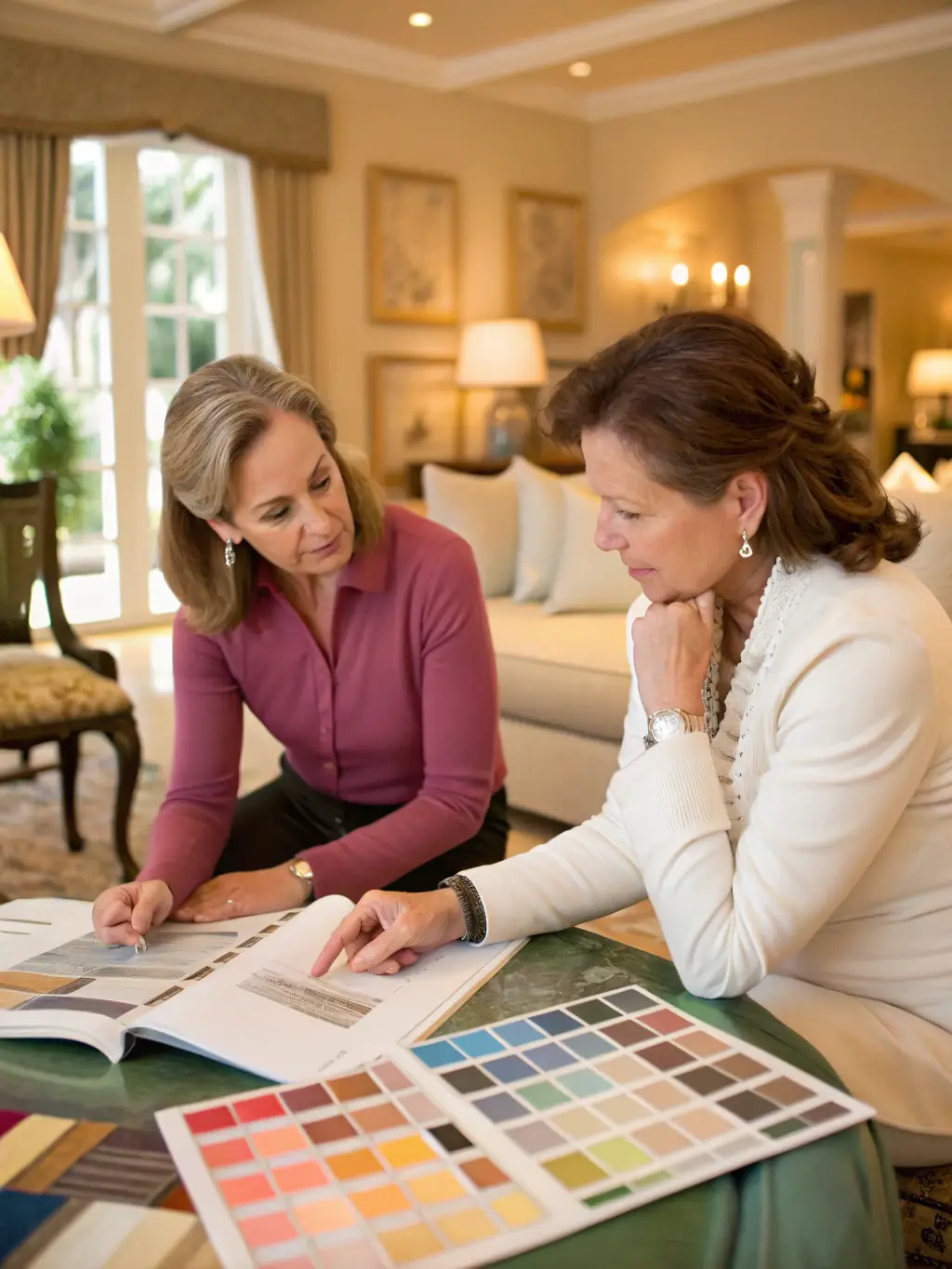A color wheel and sample swatches with a professional consultant advising a client, illustrating ProTone Painting Services' color consultation service.