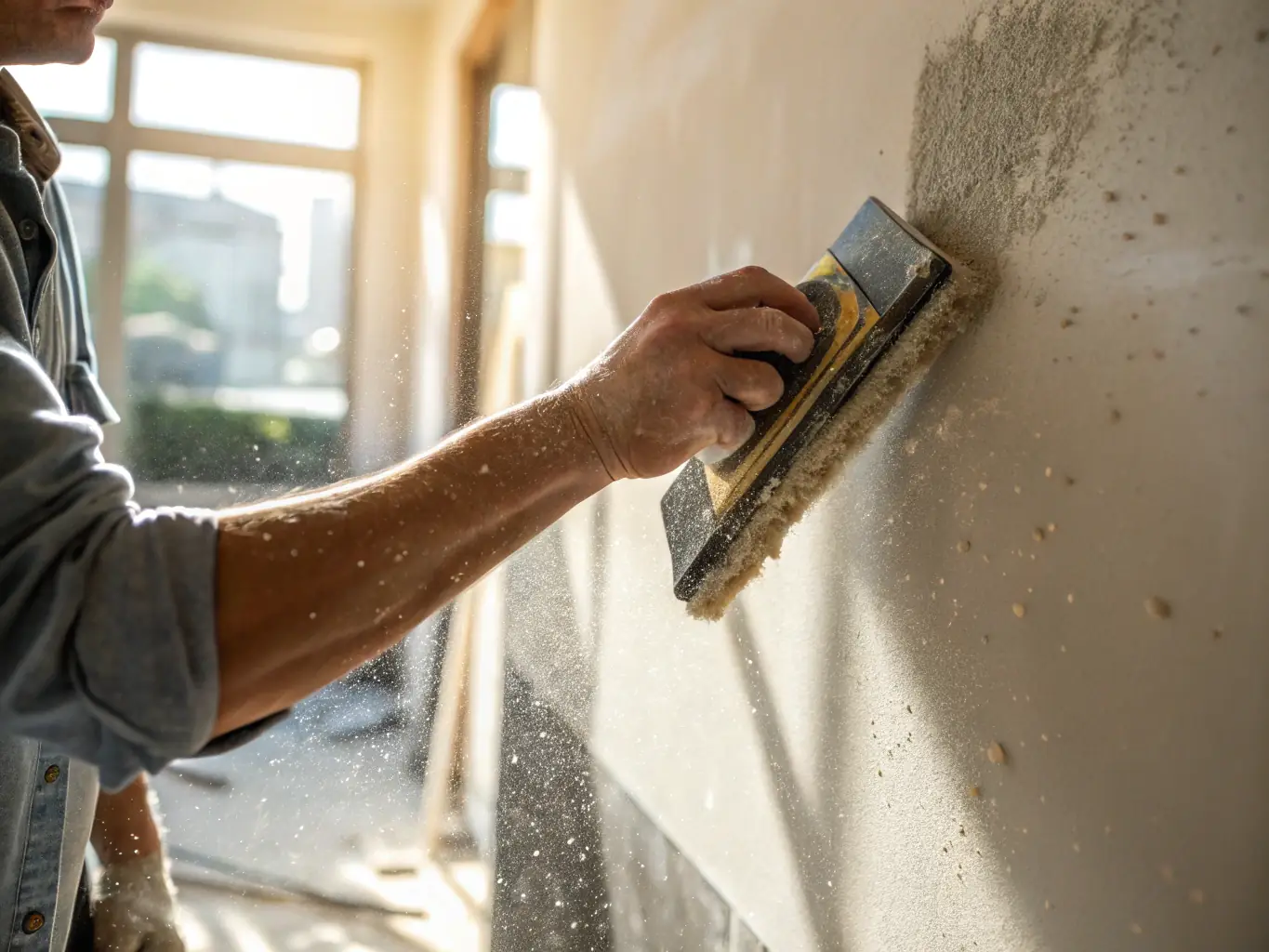 A painter meticulously sanding a wall to prepare it for painting, ensuring a smooth surface for optimal paint adhesion.