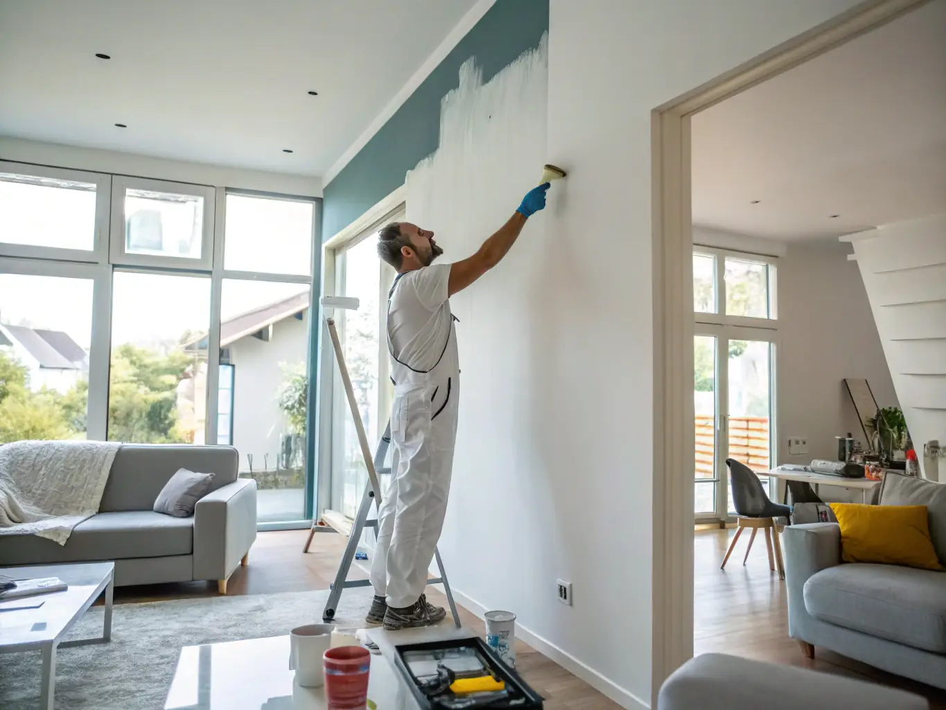 A painter conducting a final inspection of a newly painted room, ensuring that every detail meets ProTone Painting Services' high standards.